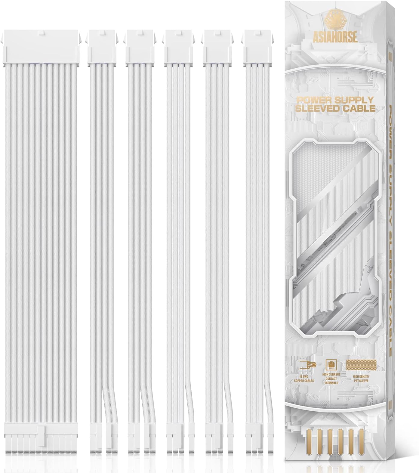 Power Supply Sleeved Cable, 16 AWG PSU Extension Cable Kit of White Connector, 1x24Pin/2x4+4 EPS/3x6+2 PCI-E, 30cm Length with Combs-White