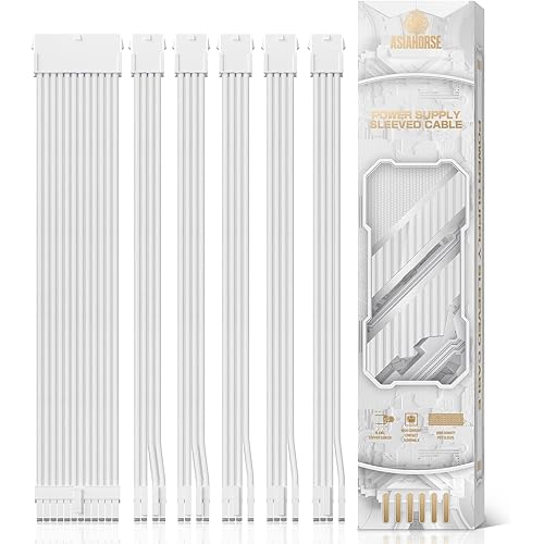 AsiaHorse Power Supply Sleeved Cable, 16 AWG PSU Extension Cable Kit of White Connector, 1x24Pin/2x4+4 EPS/3x6+2 PCI-E, 30cm Length with Combs-White