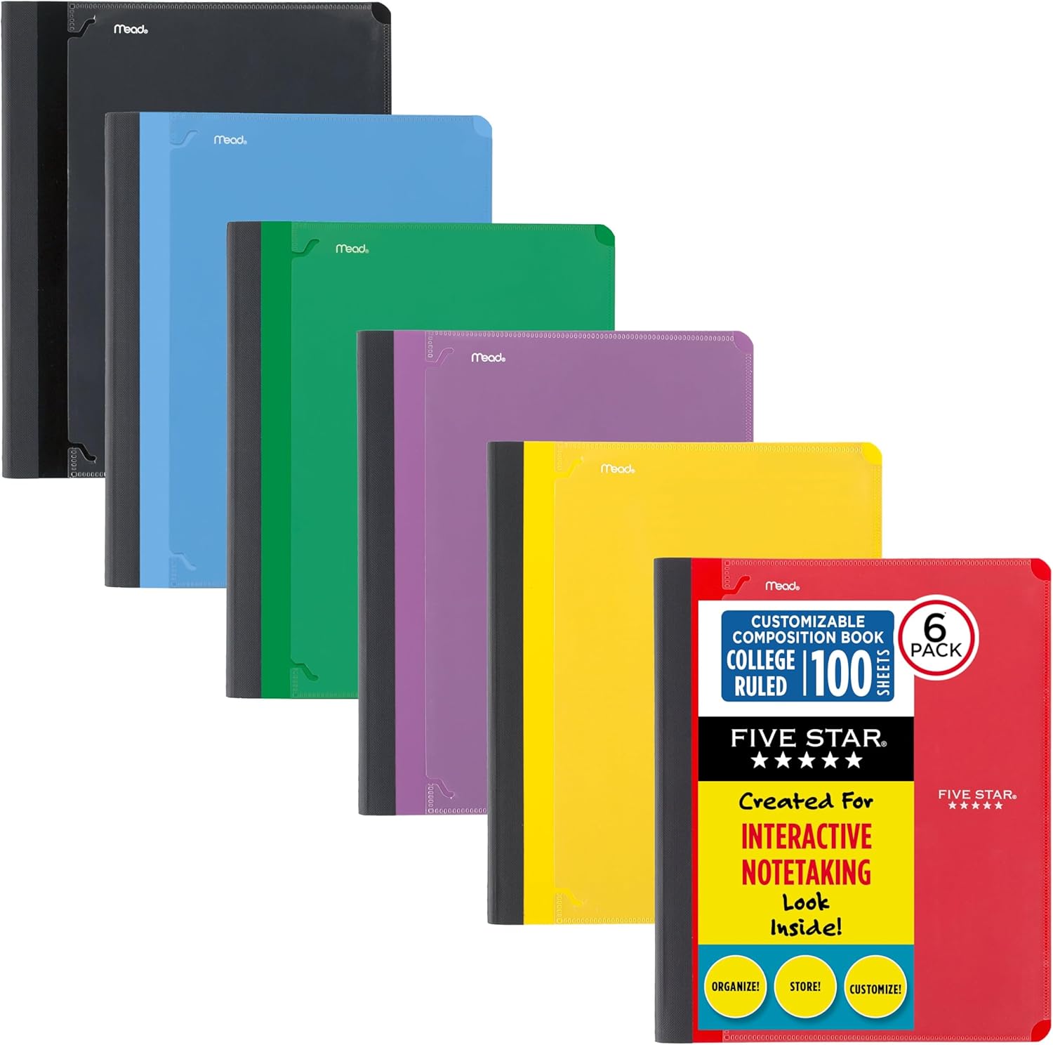 Five Star Interactive Notetaking Composition Book, 1 Subject, College Ruled Paper, 9" x 11", 100 Sheets, Customizable, Assorted Colors, 6 Pack (38612)