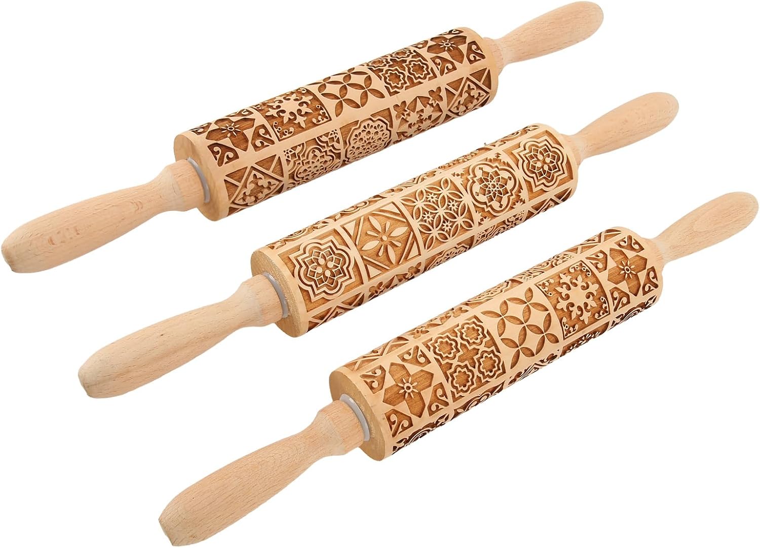 3Pcs Wooden Embossed Rolling Pin, Engraved Embossing Dough Roller for Baking, Rolling Pins for Pizza Biscuits Pasta Fondant, Tool with Bearings for Grip and Rolling