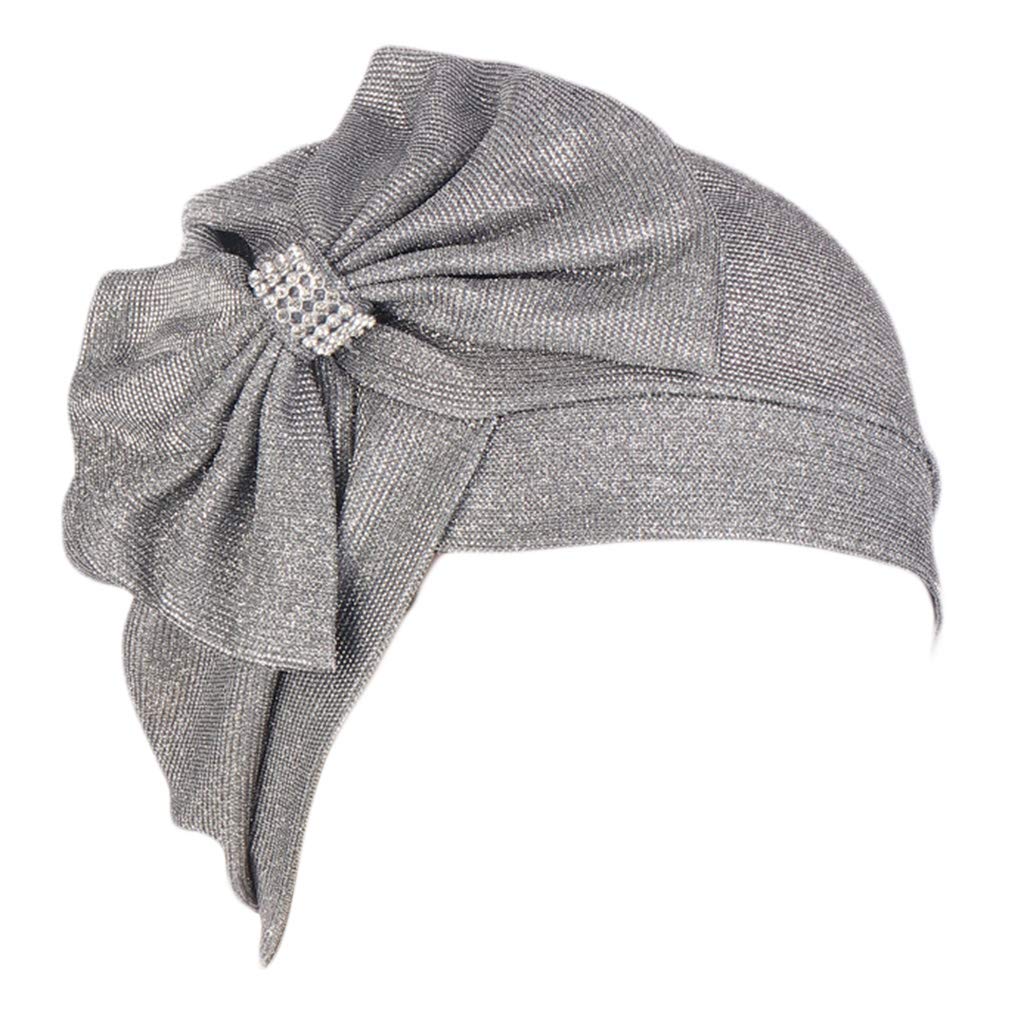 Lanchen Women's Silver Muslim Hijab Turban Hat Forehead Rhinestone Big Bow Bonnet Head Scarf Chemo Cap