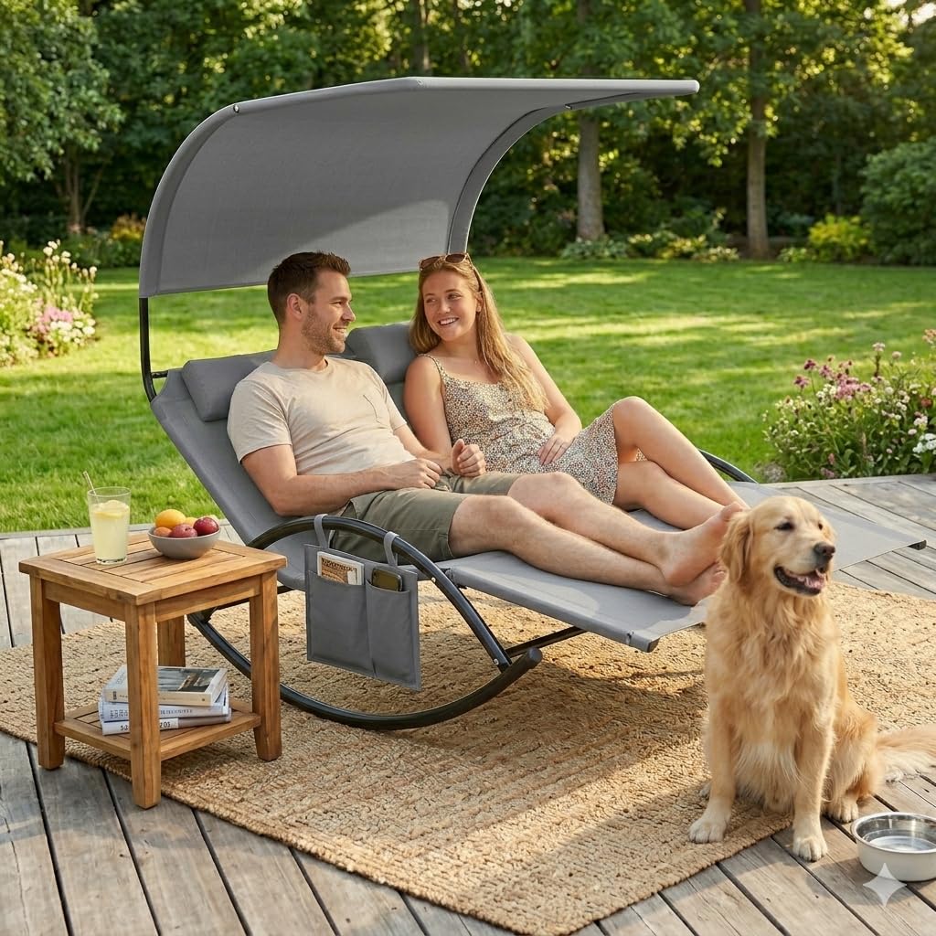 KOMFOTTEU Tumbona Doble de Jardín para 2 Personas, Tumbona Mecedora con Toldo y 2 Reposacabezas, Hamaca Basculante de Textilene, Chaise Lounge para Terraza, Piscina, Baño de Sol (Gris)
