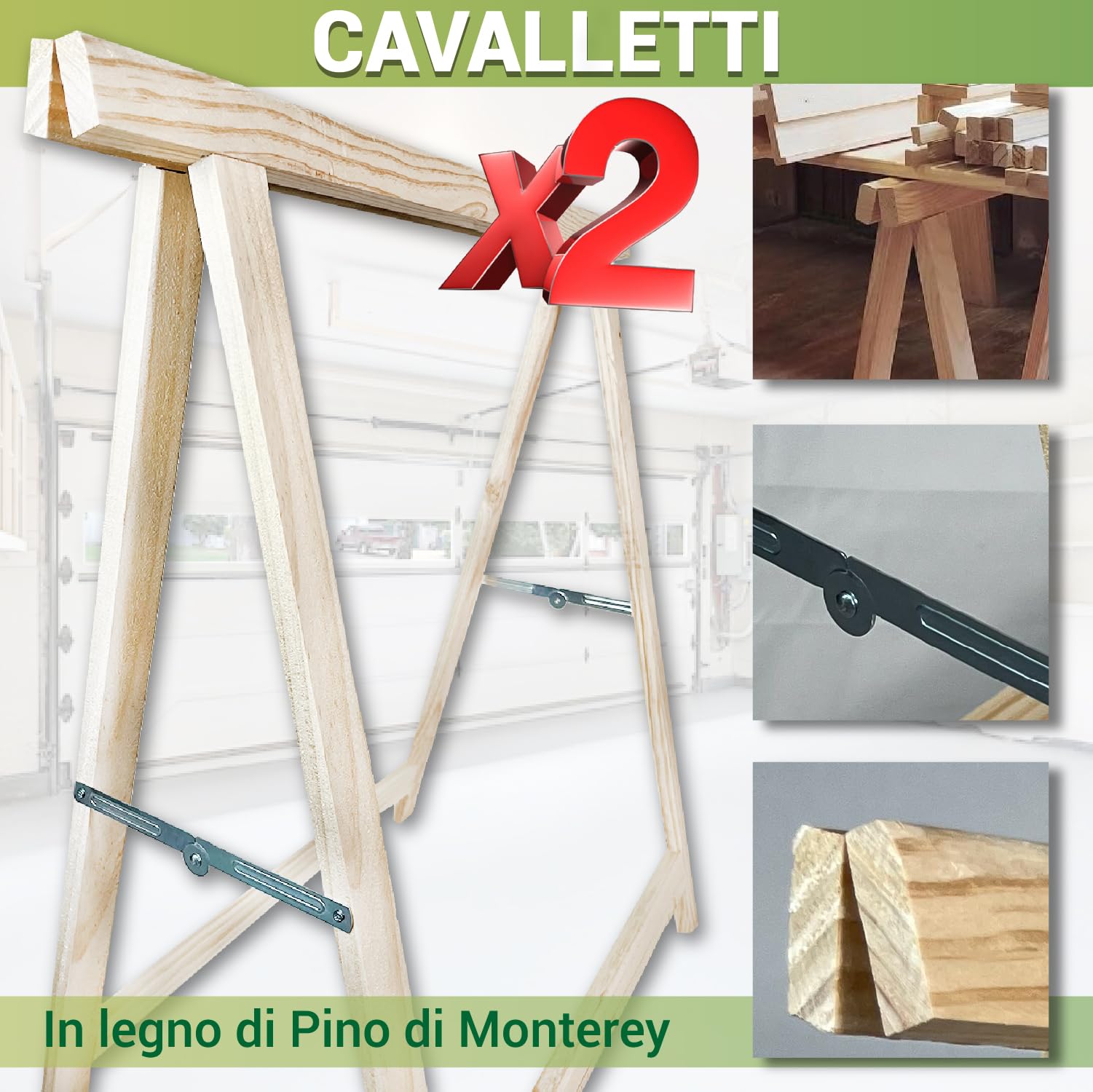 Crisalide® -Natural-WOOD Caballetes en un par de madera de abeto macizo de trabajo, capacidad de 200 kg, bricolaje plegable, 75 cm x 75 cm, se pueden pintar para varios usos de aficionados e