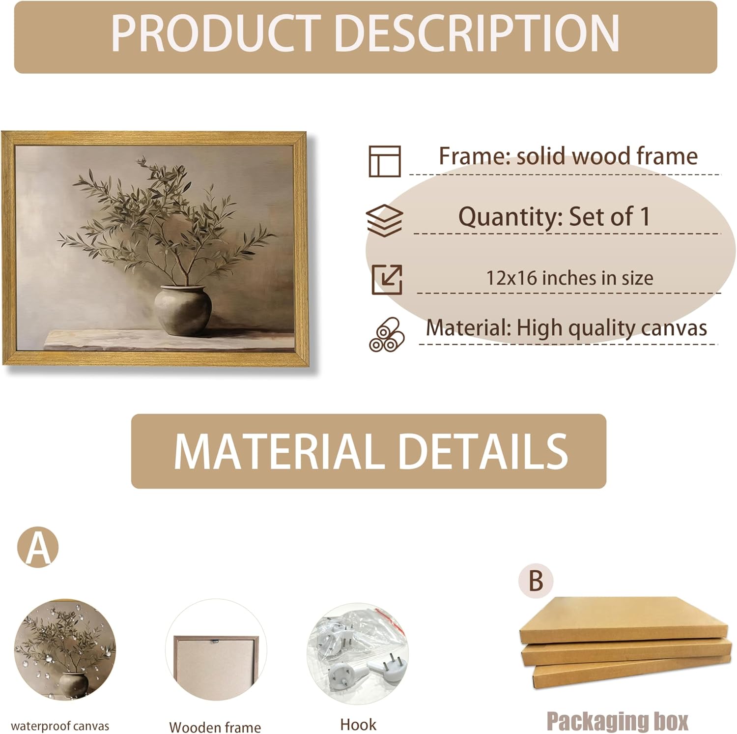 Wood Framed Olive Tree Canvas Wall Art, Minimalist Botanical Plant Vase Painting, Rustic Farmhouse Neutral Still Life Print Picture for Living Room Bedroom Kitchen Office Home Wall Decor 12x16 inch