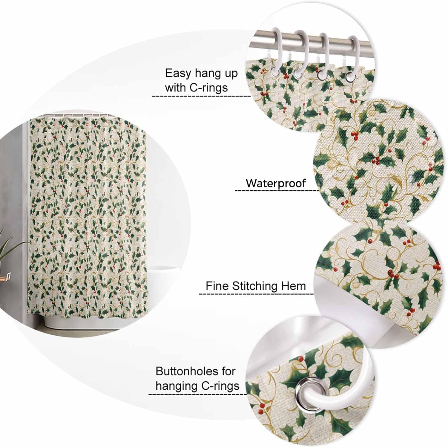 LooPoP Christmas Shower Curtain Set, Holly Berry Bath Shower Curtain with Hooks Waterproof Fabric Shower Curtains for Bathroom Winter Holiday Christmas Decorations Beige 72x78 Inch