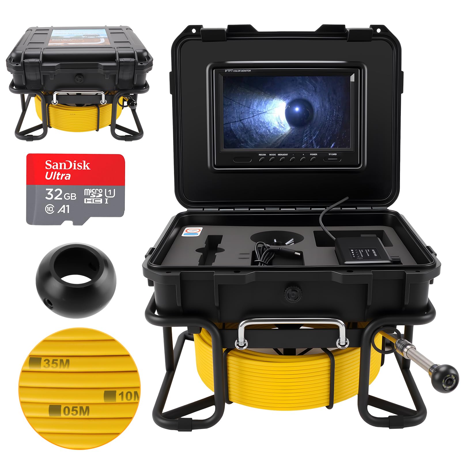 KAOLALI Cámara Inspección Tuberias 50M, Cámara Endoscópica con DVR | 6 LED, IP68 Impermeable, Pantalla de 9", 1080P HD, Batería de 4500 mAh, Tarjeta de 32 GB, para Alcantarillado y Desagües