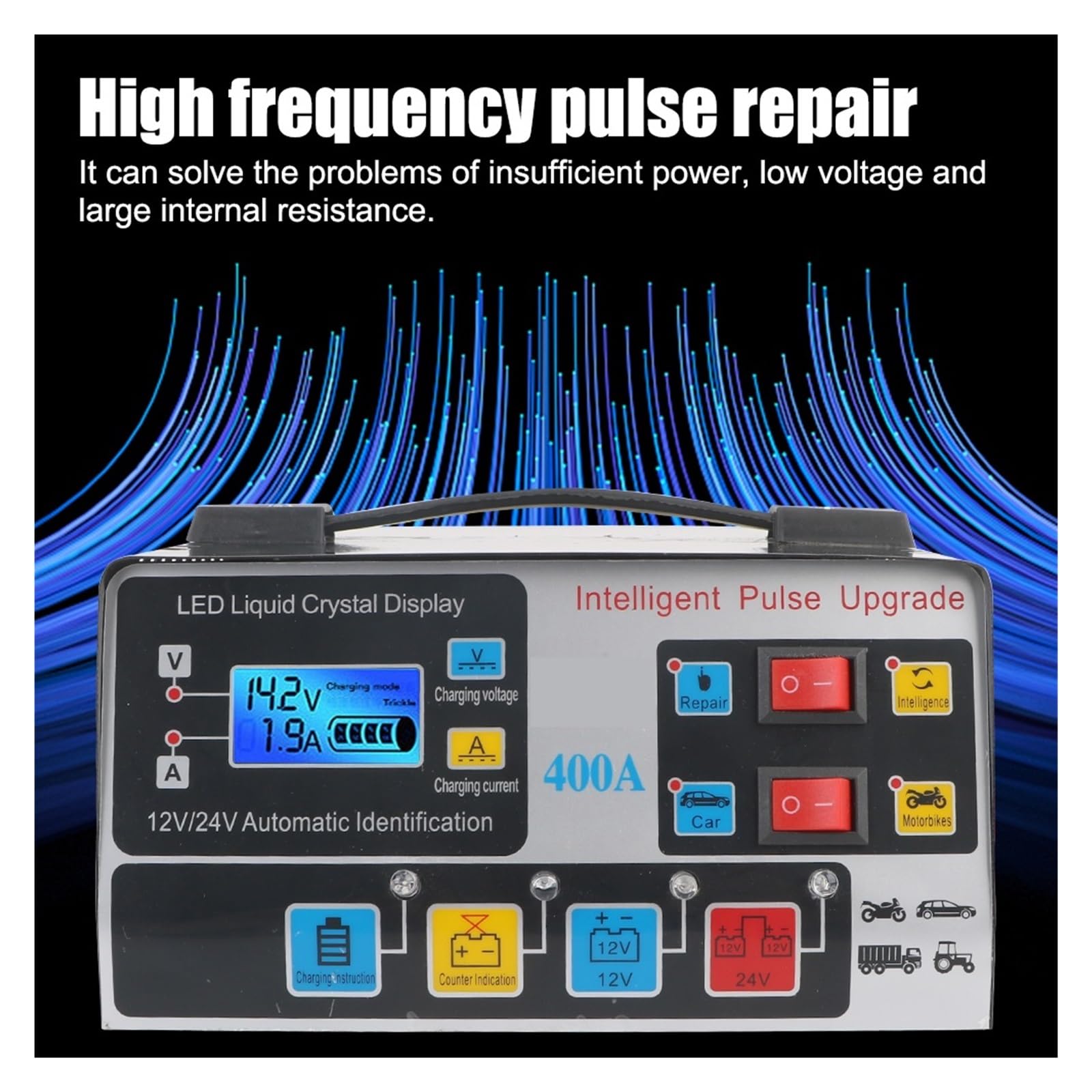 Inteligentna Ładowarka Samochodowa 12 V/24 V 220 W Wyświetlacz LCD O Dużej Mocy Naprawa Impulsów Pełni Automatyczna Wysoka Częstotliwość Wydajne Szybkie ładowanie