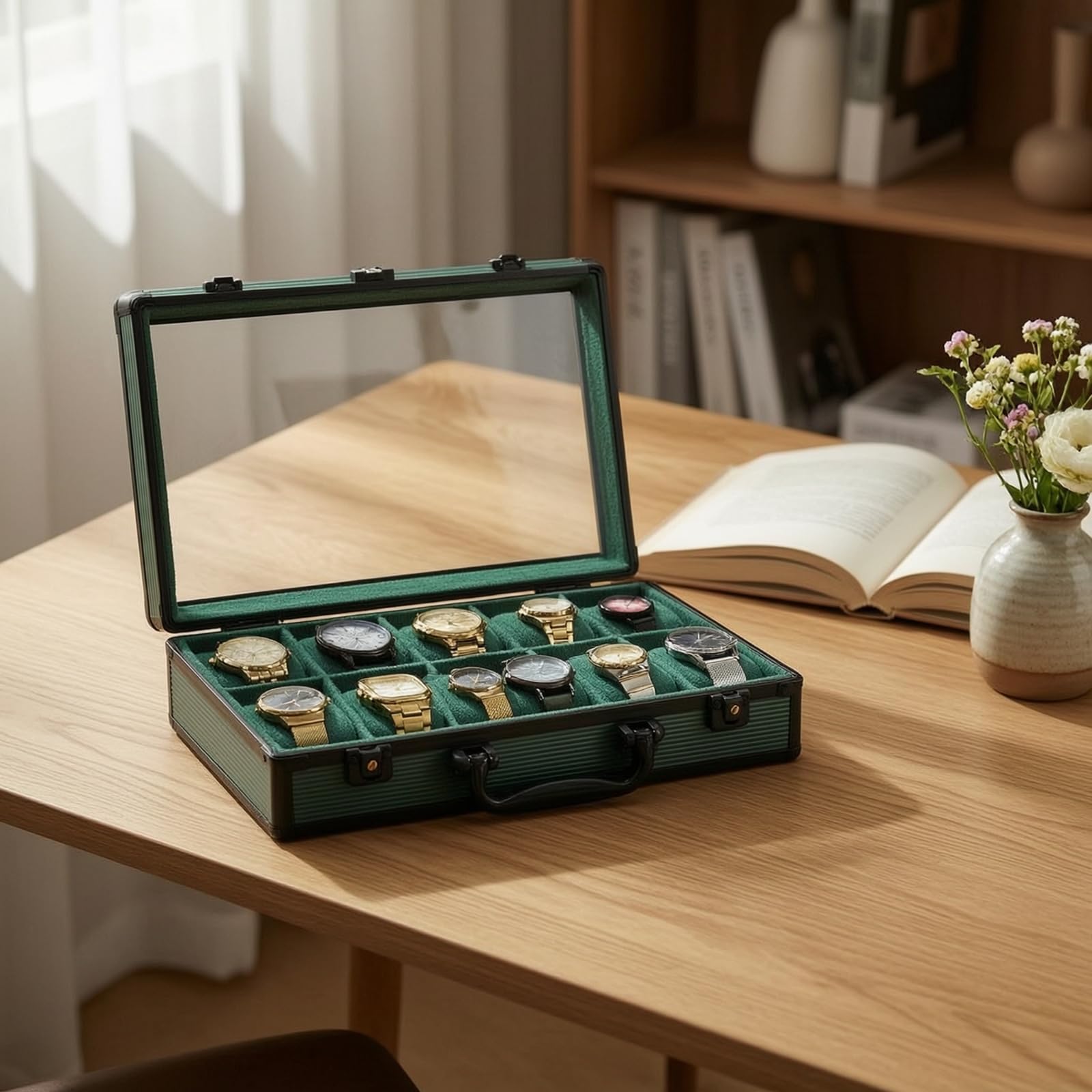 Uhrenaufbewahrungsbox Aluminium Uhrenkasten Organizer Uhrenetui Uhrenvitrine mit Gepolsterten Einsätzen Und Tragbarkeit für Sammlungen Reisen Zuhause, color to 1, 12 Fächer