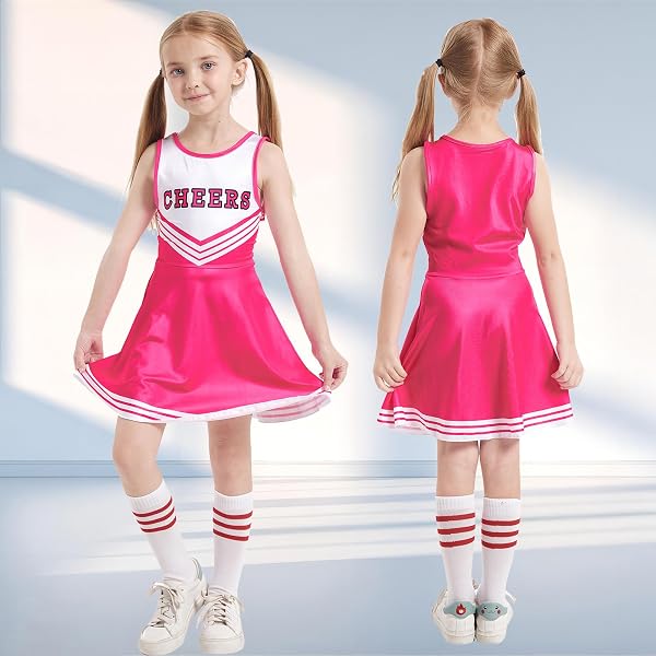 Cnexmin Deguisement Cheerleader Costume De Cheerleader Pour Filles Uniforme De Pom-Pom Girl Cosplay Costume Avec Pompoms Manches Costume Cheer Leader Halloween Carnaval Mascarade,3-12 Ans - 2