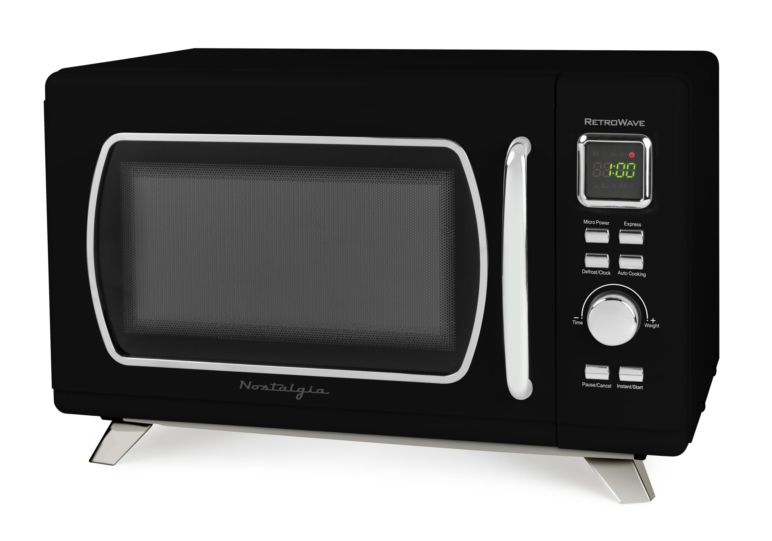 Photo 1 of Nostalgia Mid-Century Retro Countertop Microwave Oven - Large 900-Watt - 0.9 cu ft - 8 Pre-Programmed Cooking Settings - Digital Clock - Kitchen Appliances - Black Mid-Century 0.9 Cu. Ft. Black