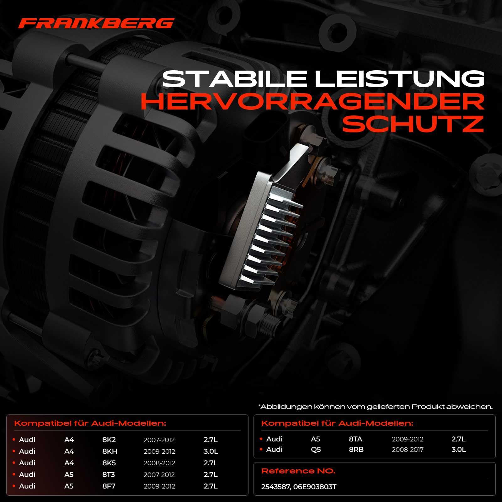Frankberg Regulador de alternador regulador de generador 1 polo 12V | 06E903803T; Compatible con: A4 Avant 8K5, A4 Allroad 8KH, A5 Sportback 8TA, A5 8T3, Q5 8RB, A4 8K2, A5 Cabriolet 8F7