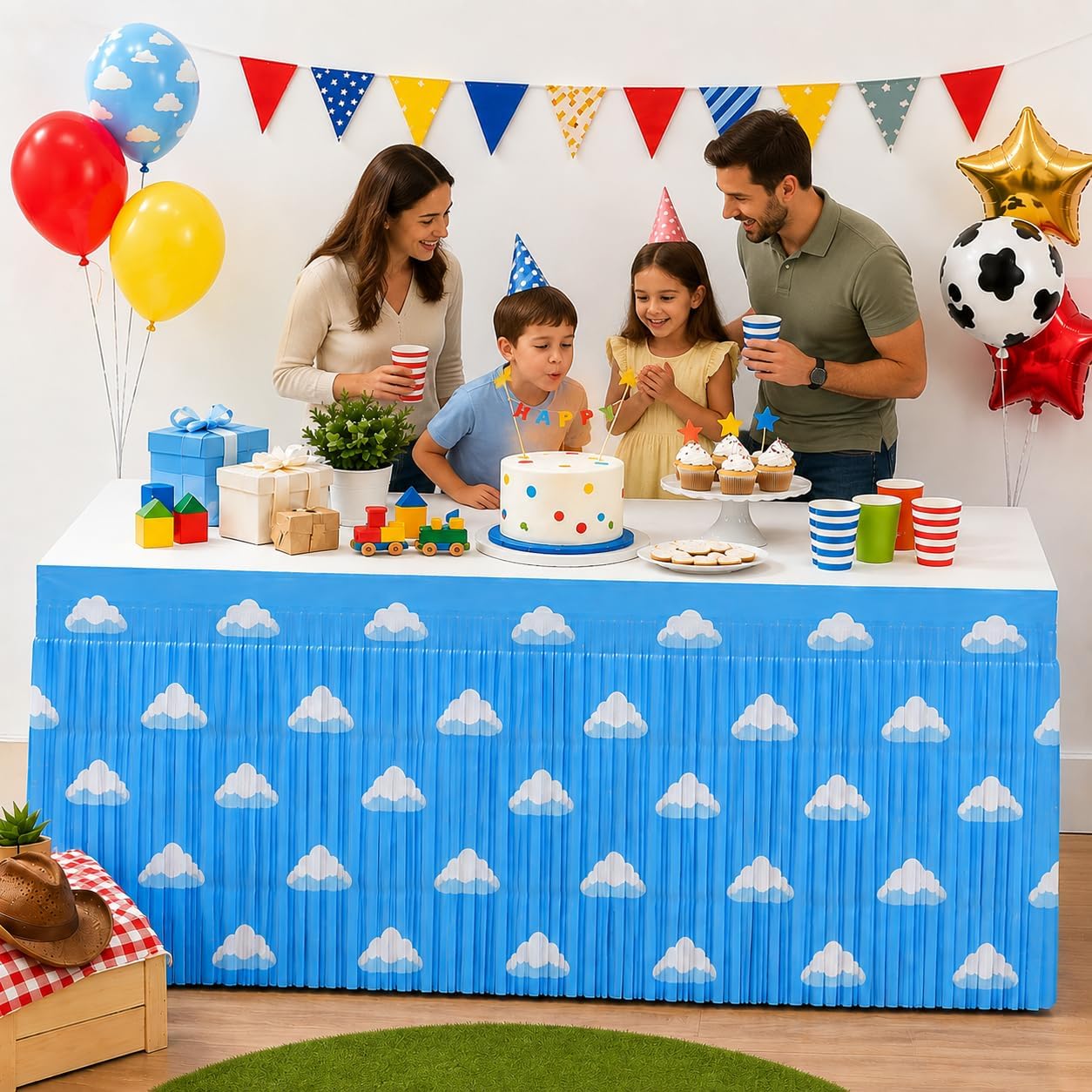 Blue Sky White Clouds Fringe Table Skirt Birthday Party Decorations, 2 PCS
