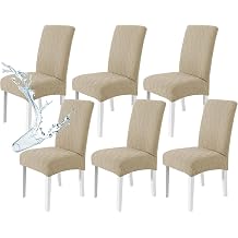 ZNSAYOTX 100% Waterproof Dining Chair Covers Set of 6, Stretch Fit Parson Chair Slipcovers for Kitchen/Living Room/Restaurant/Banquet Chairs, Soft Plaid Jacquard Washable Protector Khaki