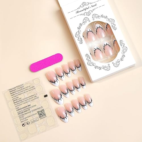 Miniatura 178 de Uñas postizas a presión de Halloween, cuadradas, medianas, francesas, color negro, degradado, cobertura completa, calavera, corazón rosa, con Uñas