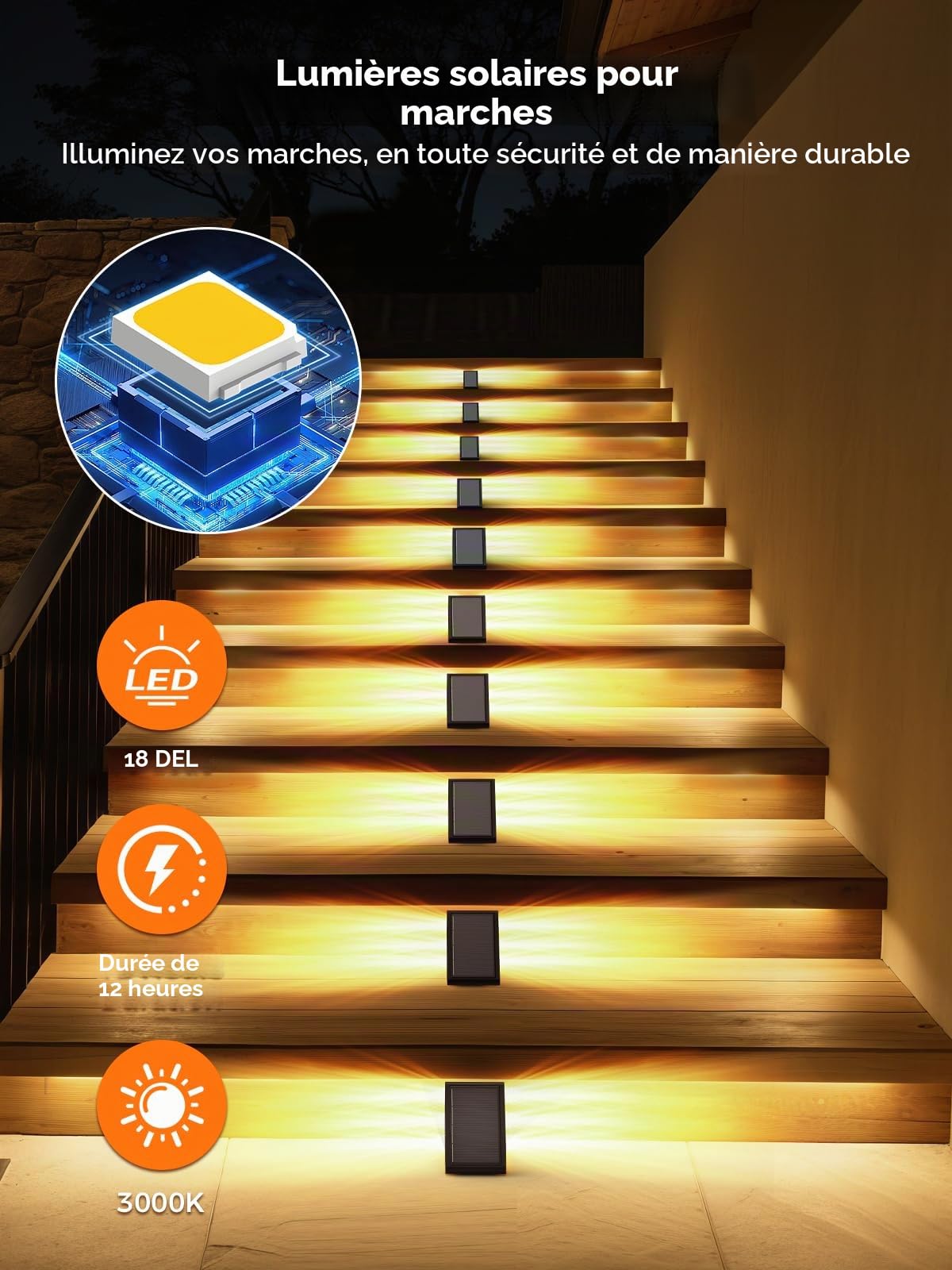 Smiling Shark Lumiere Solaire Exterieur, Lot de 6 LED Lampes Solaires D'escalier Blanc Chaud Éclairage À Double Face IP65 Étanches Lumiere Solaire Escalier Pour Jardin Allée Patio