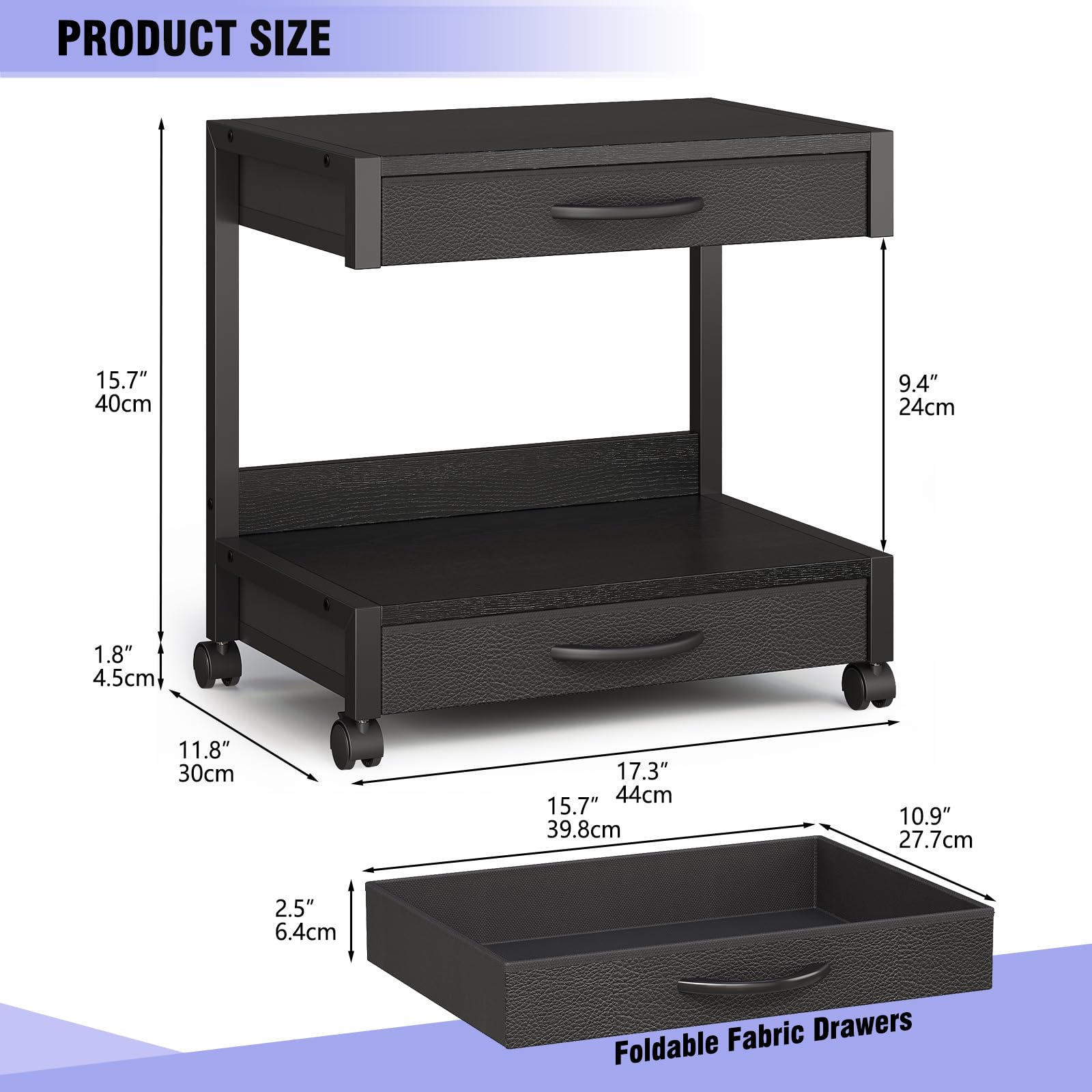 VENNQD Support d'imprimante de bureau à 2 niveaux avec 2 tiroirs en tissu, table Prtiner avec étagère de rangement, organiseur de bureau pour bureau à domicile, imprimante 3D, télécopieur, scanner