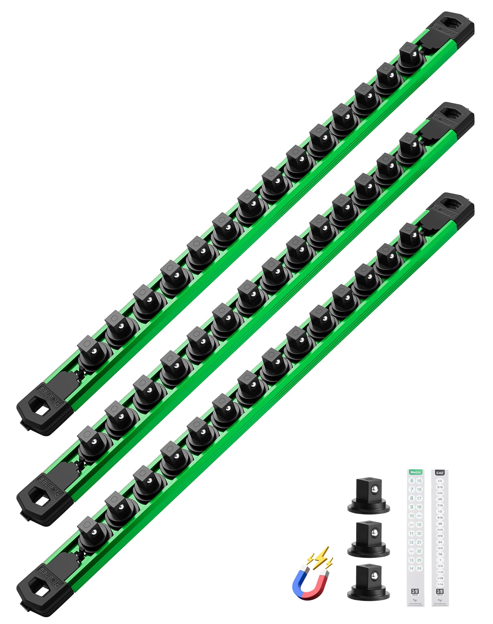 ALOANES Magnetic Socket Organizer, 3/8" Rail 42 Clips (Green, 3PC)