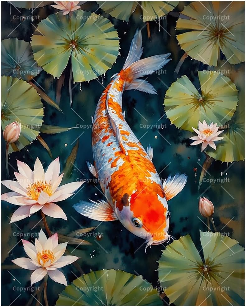 Aquatic Scene Paint by Numbers Kit for Adults - DIY Koi Fish with Lotus Leaves Painting on Canvas 12x16In, Framed Acrylic Paint Set, Suitable for Beginners, Art for Home or Gift