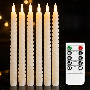 6 Pack LED Taper Candles,Flameless Electric Candlesticks with Remote Control and Timer,3D Wick LED Candles Flickering,Artificial Fake Candles for Home Wedding Table Decor 2.1*25.5 cm,Ivory Spiral