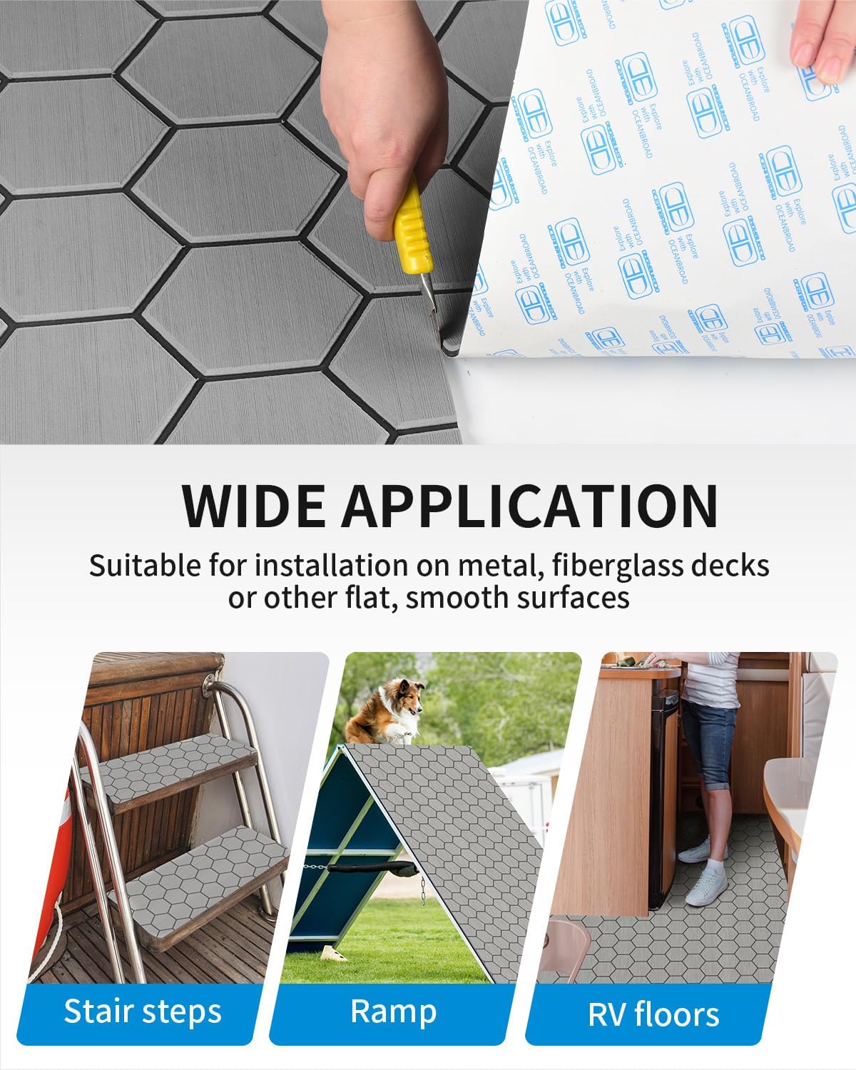 OCEANBROAD CNC Cut Hexagon Boat Flooring 96''x15''/45'' Self-Adhesive EVA Foam Sheet Non-Slip Traction Pad Marine Grip Mat for Boats Surfboard SUP Paddle Board Yacht