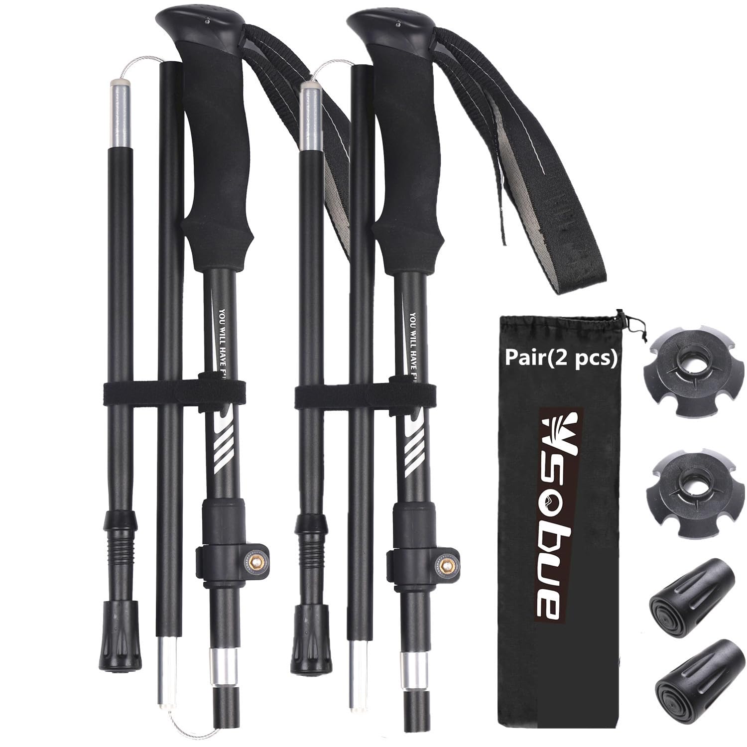 Wsobue Walking Poles-2 Pack Hiking Trekking Poles With Antishock and Quick Lock System, Telescopic, Collapsible, Ultralight Foldable Hiking Walking Sticks for Seniors Women Men (Black-2PACK)