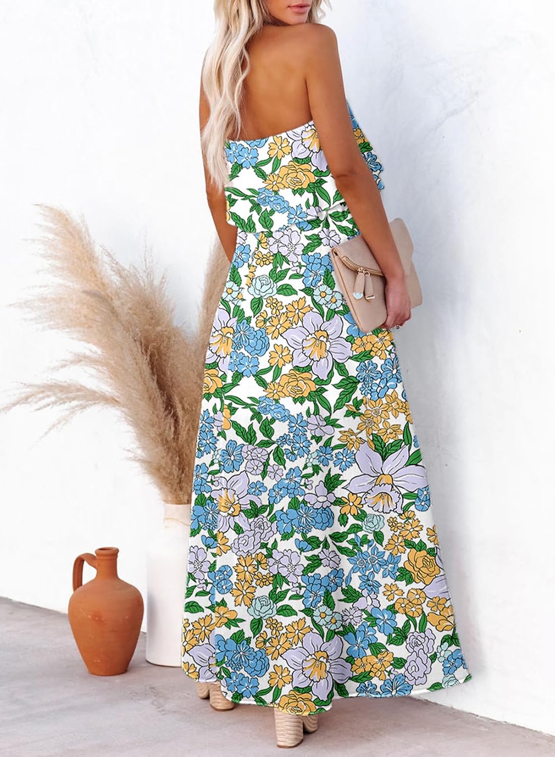 Dokotoo Womens Strapless Dresses Casual Summer High Waist Side Split Flowy Boho Maxi Dress - Image 3