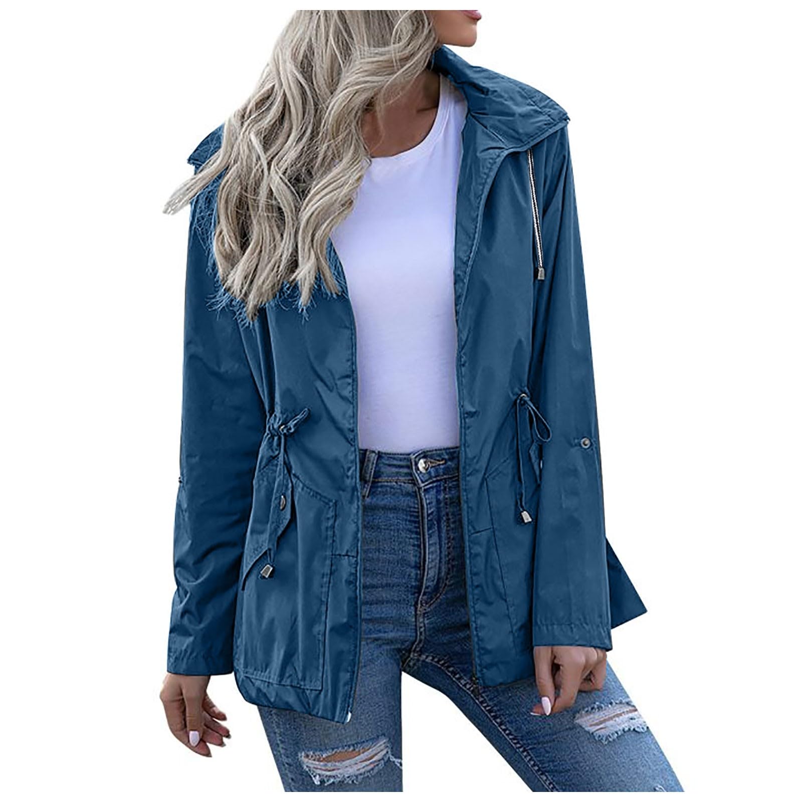 Abrigo impermeable para mujer largo con capucha y cremallera de invierno 8