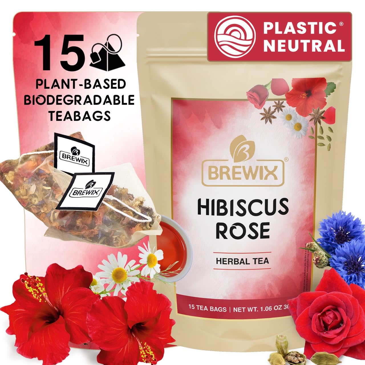 Amazon.com : BREWIX, Hibiscus Rose Herbal Tea Bags (15 Pyramid Tea