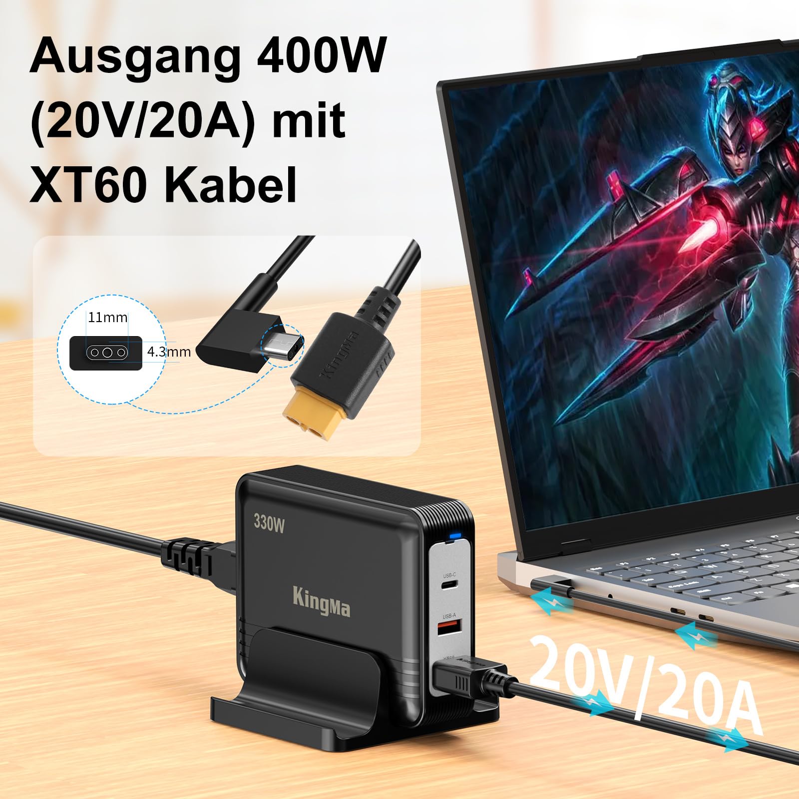 King Ma per Razer Blade 18 (2025 2026) con caricatore portatile 5080/5090 GaN, caricatore portatile a 3 porte, ricarica USB veloce con uscita da 20V/20A per gaming e caricabatterie tecnici per laptop