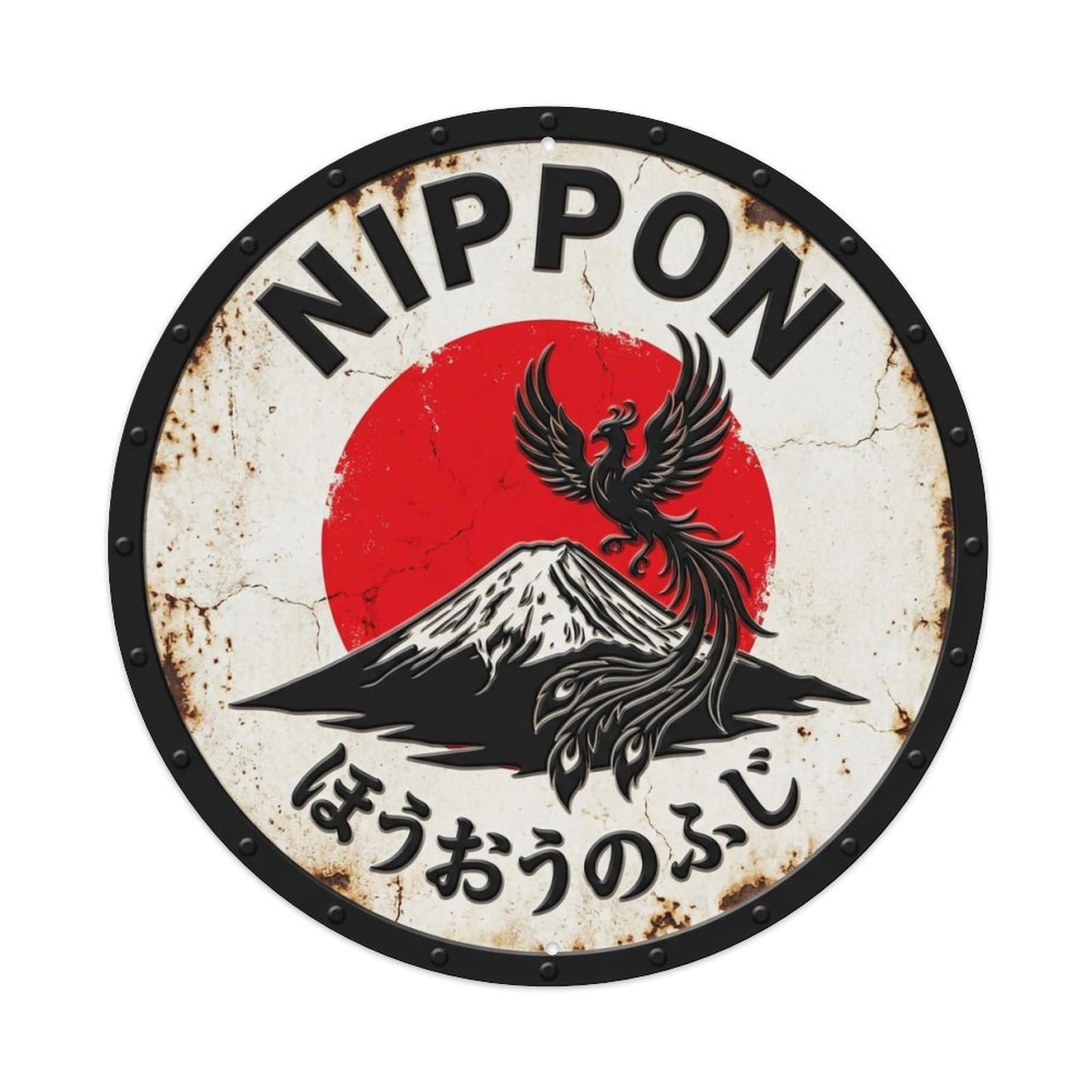 Fuji Phoenix Nippon Mythical Peak Mountain Aged Metal Tin Sign