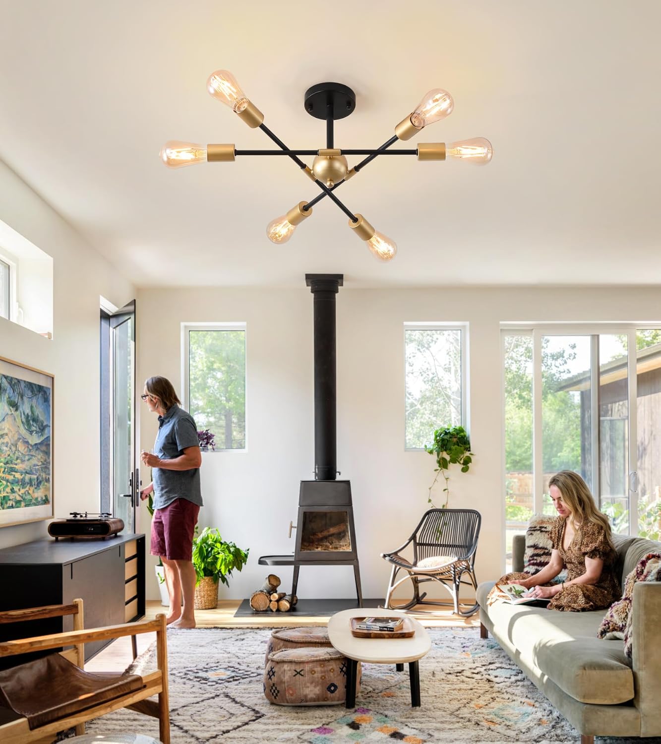 MEIXISUE Modern Semi Flush Mount Ceiling Light Fixture Black and Gold Close to Ceiling Light 6-Light Sputnik Chandelier Light Fixture for Hallway Entryway Bedroom Kitchen Dining Room UL Listed