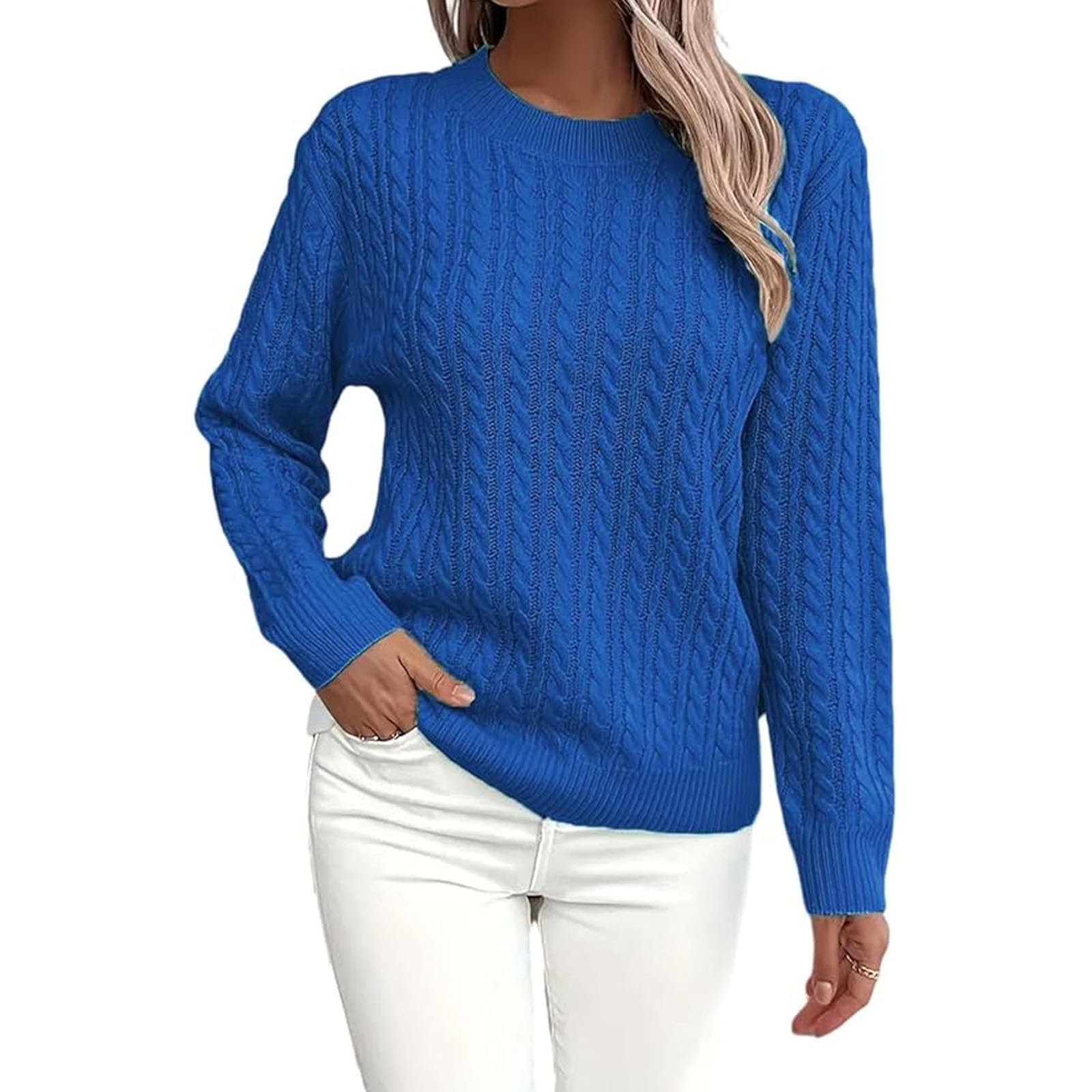 Pull en tricot torsadé décontracté à col rond et manches longues pour l'hiver - Pull doux à col rond