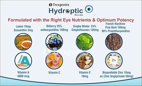Miniatura 4 de HYDROPTIC Advanced Dry Eyes & Eye Care Fórmula vegetariana para un día con luteína, zeaxantina, arándano, gingko, corteza de pino, vitamina C, zinc