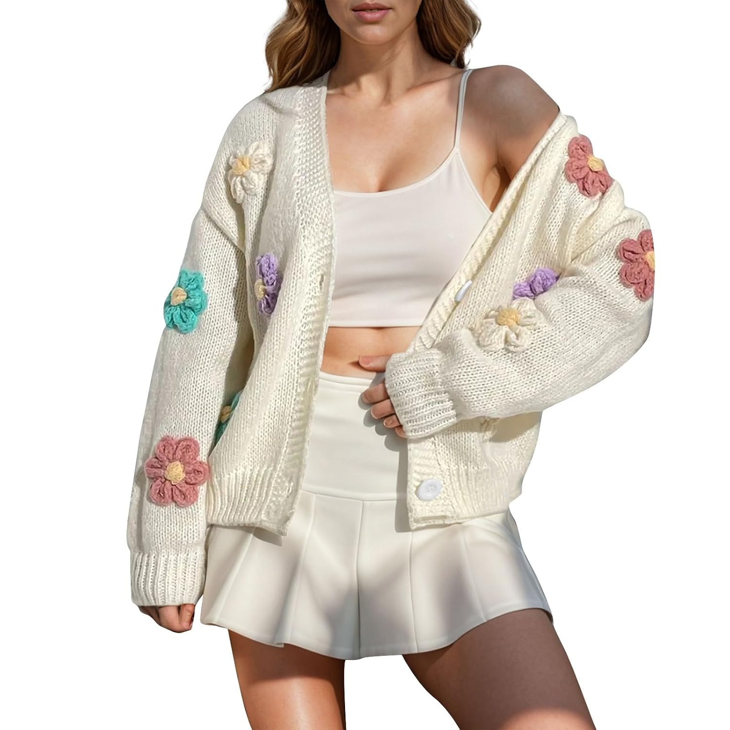 Cropped Cardigan for Women Cute Floral Embroidery Aesthetic Knit Cardigans Fall Pretty Flowers Applique Bolero Shrug