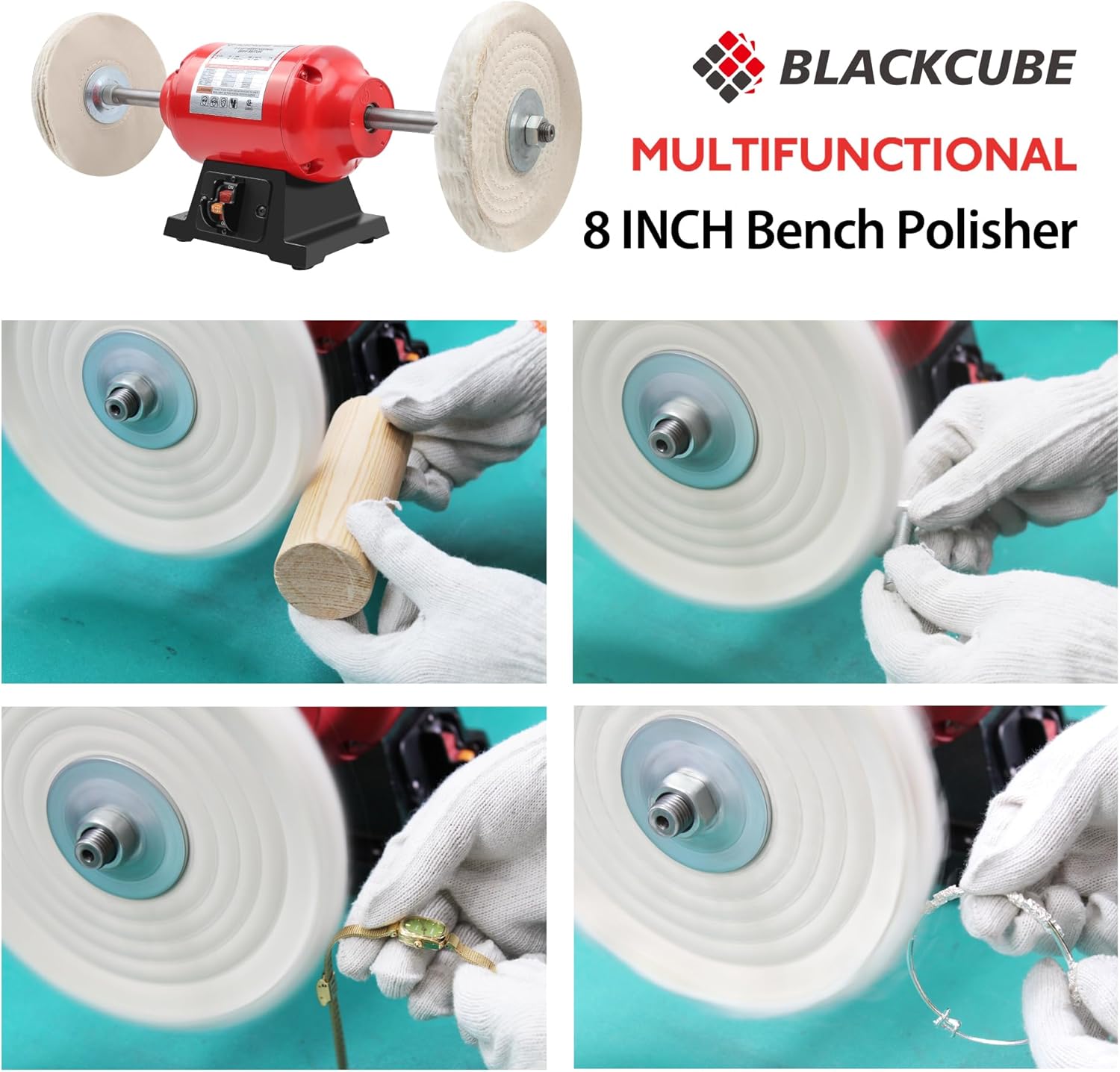BLACKCUBE Bench Buffer Polisher Motor with 8 Inch Dual Buffering Wheels, Benchtop Polishing Machine for Jewelry, Metal, Wood, Plastic and Knife Sharpening