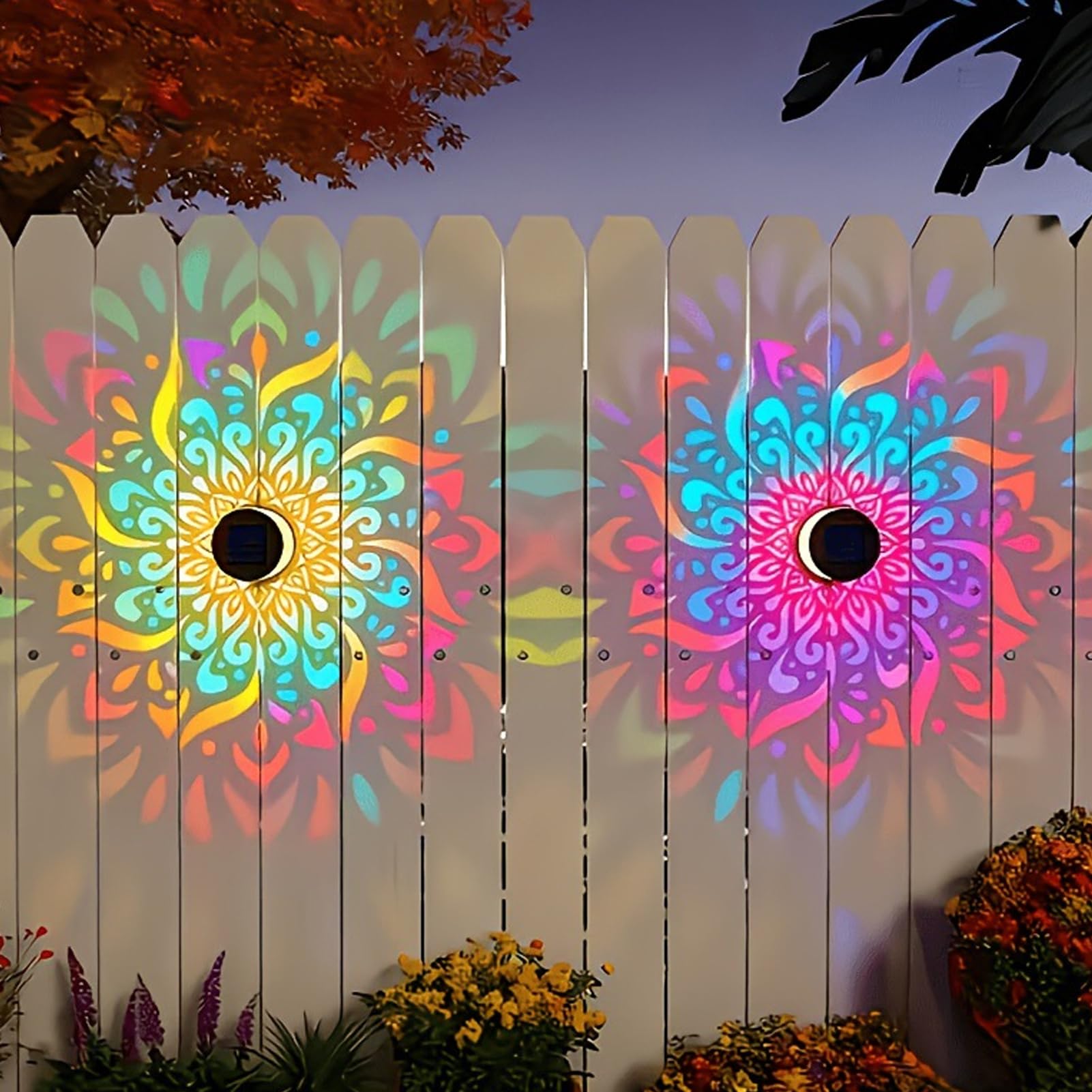 RetroNest Solar Mandala Wall Lights, Seven Color Changing Outdoor Decorative Projection Lamp, Waterproof Metal Fence Light for Yard Garden Patio Backyard Post Decor