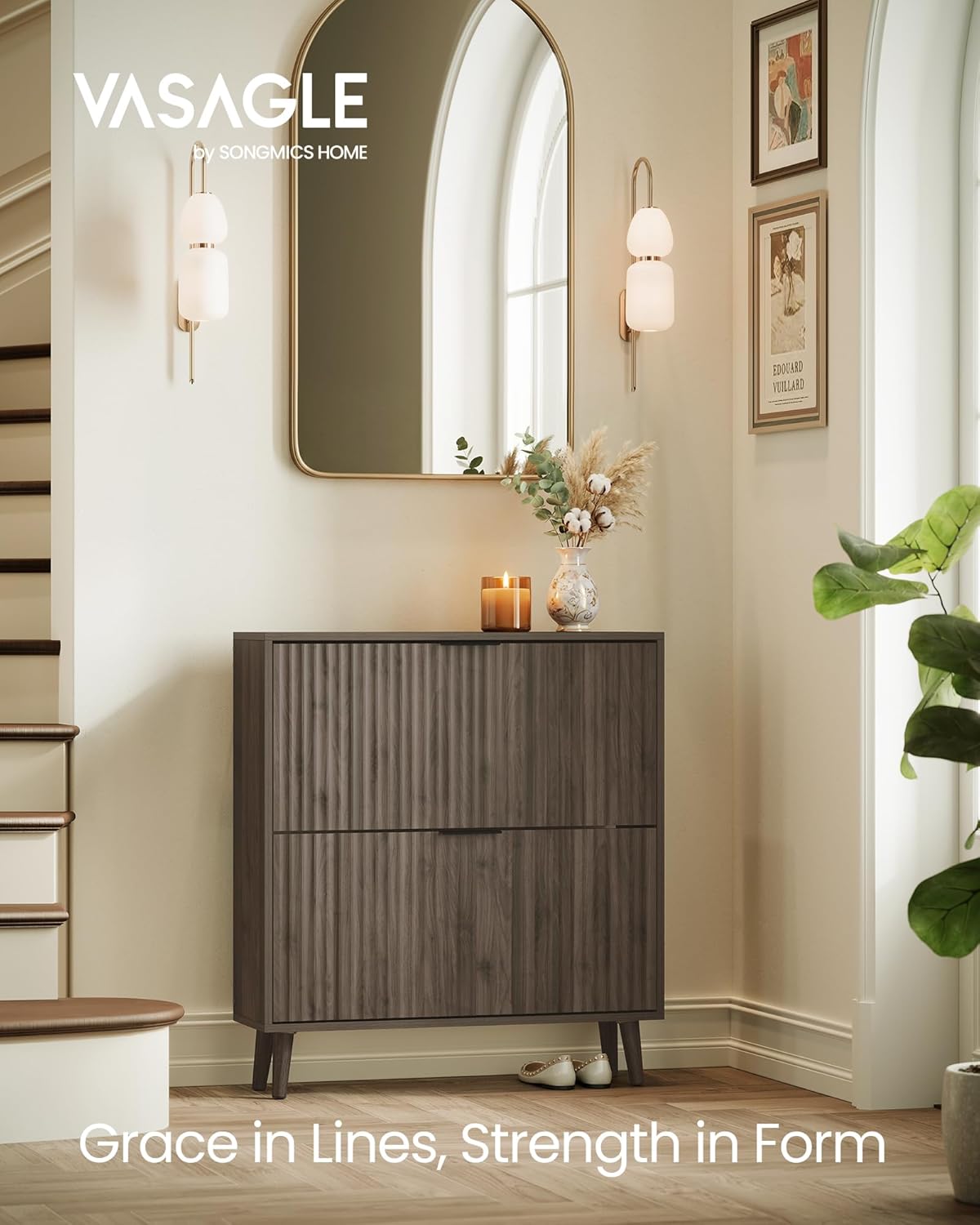 VASAGLE MAXE Collection - Shoe Storage Cabinet with 2 Flip Drawers, Freestanding Narrow Shoe Rack Organizer for Entryway, Fluted Doors, Fits 12-16 Pairs, Mid Century Modern, Walnut Brown UHSC202KF02S