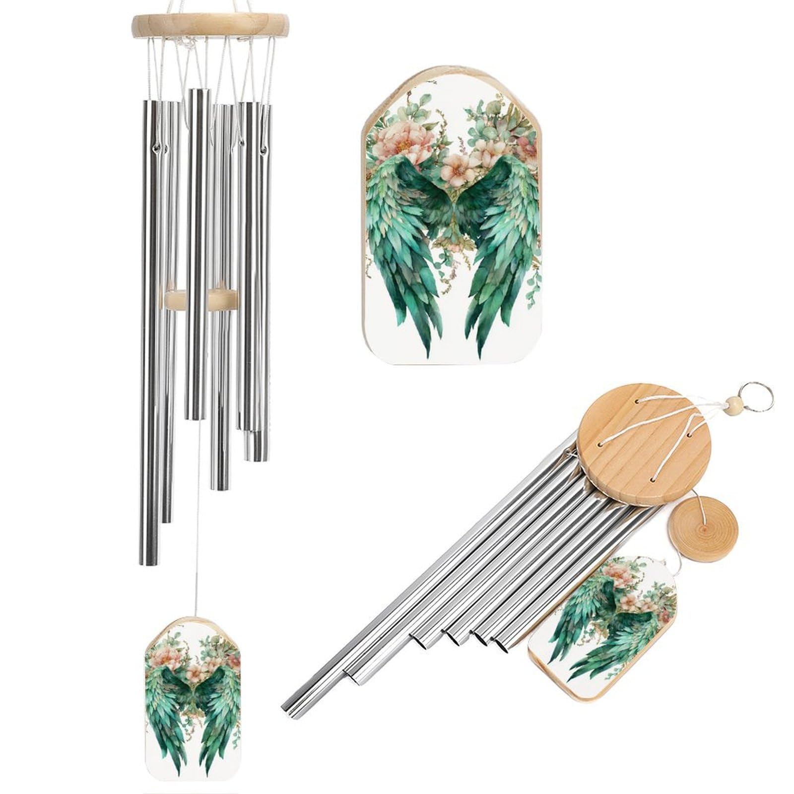 Pair of Watercolor Wings with Botanical Wind Chimes Memorial Deep Tone Windchime with 6 Aluminum Tubes Outdoor Backyard Garden Decoration