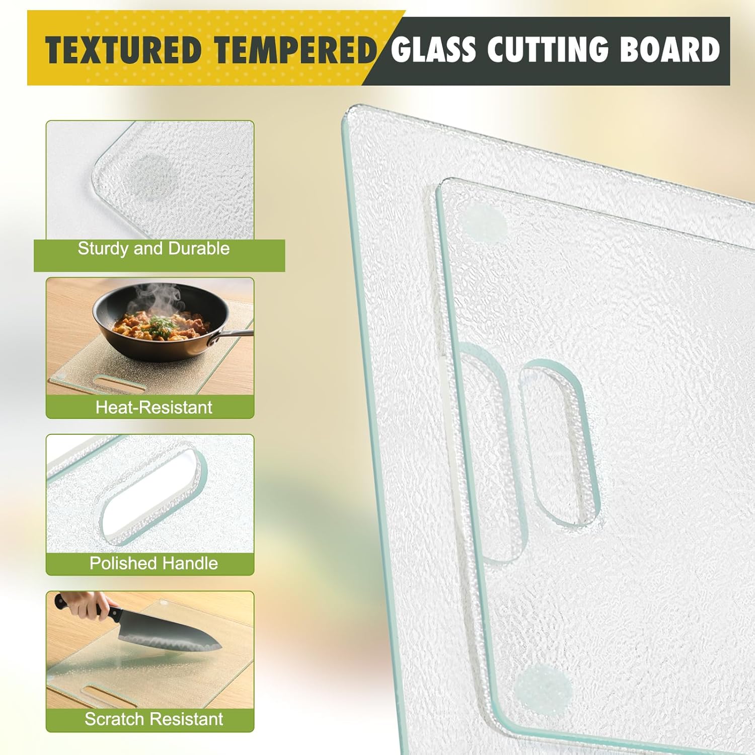 Tempered Glass Cutting Board for Kitchen Counter, 3PCS Frosted Glass Cutting Board with Handle, Non-Toxic, Dishwasher-Safe, Scratch Resistant, Easy to Clean (15"x10"&12"x8"&9"x6" 3pcs)