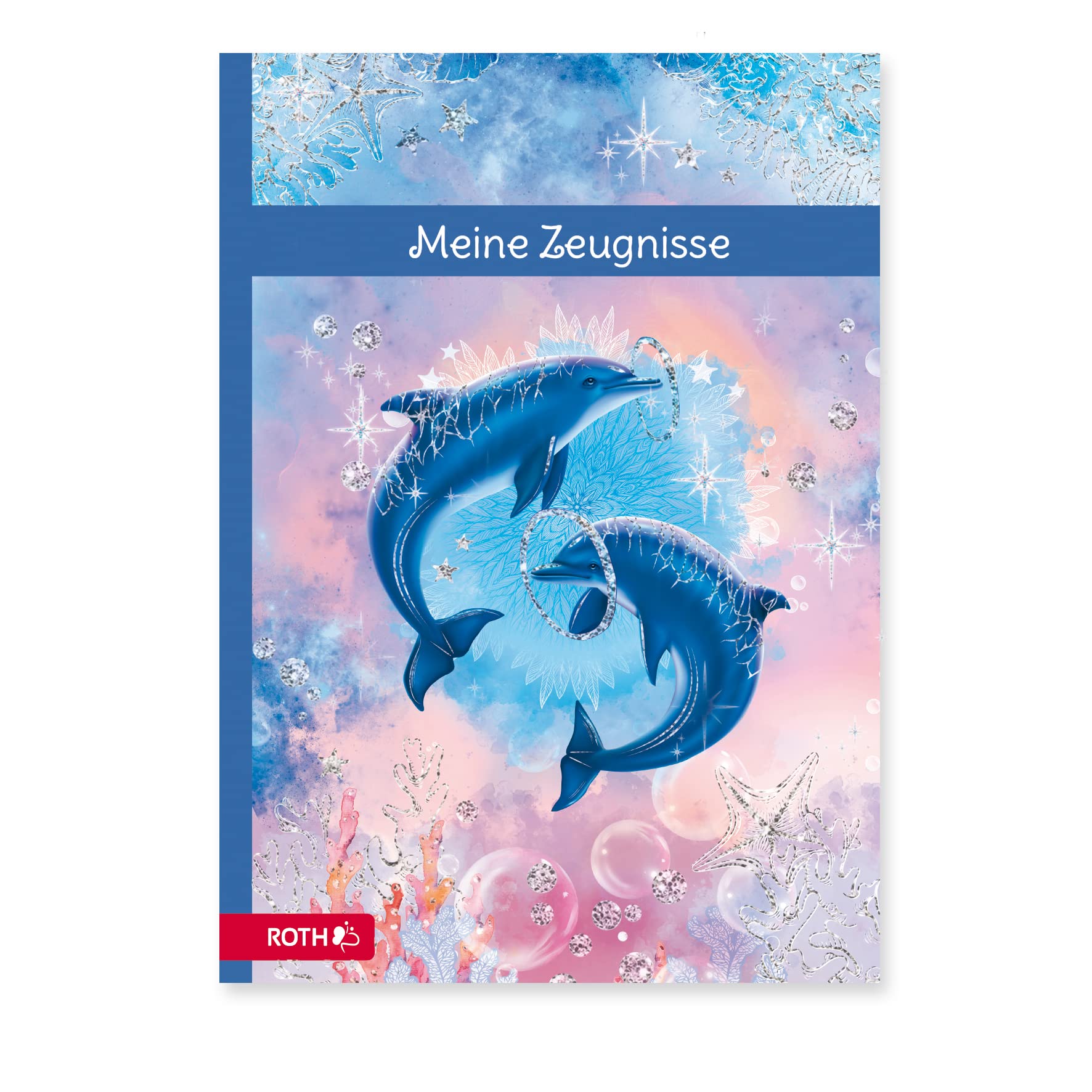 Roth Dolphin Modern A4 Folder, Blue/Pink with 10 Transparent Pockets, Glitter Effect, Indelible, Document Organizer