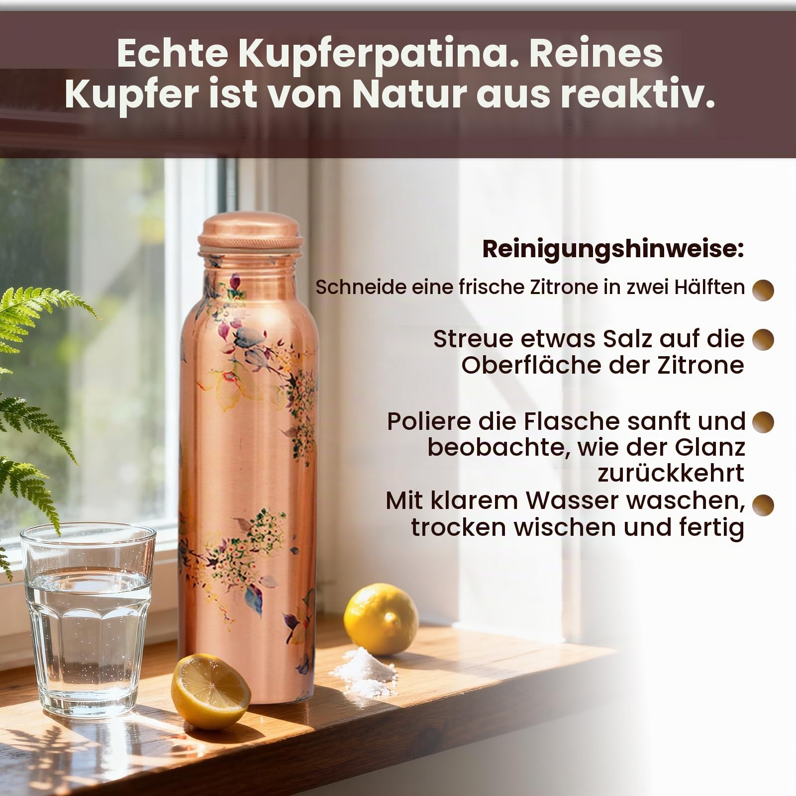 Craft Trade Wasserflasche aus reinem Kupfer, 1000 ml, auslaufsichere ayurvedische Kupferflasche für Büro und Yoga – 2 Stück