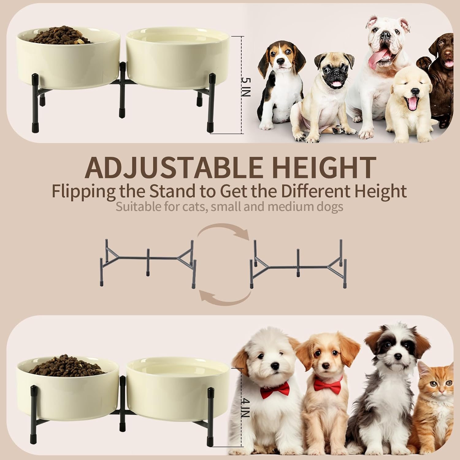 6 Inch Elevated Dog Bowl with Adjustable Metal Stand, 32 OZ Raised Ceramic Dog Bowls Set for Food and Water Bowl, Double Pet Feeding Dishes for Small and Medium Breed Dogs, Beige, Set of 2