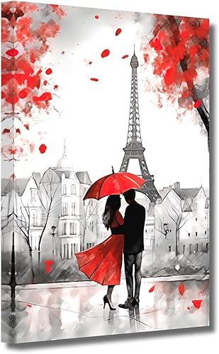 LZIMU Lienzo de París para pared, imagen de pareja con paraguas, imagen de la Torre Eiffel, pintura al óleo, arte romántico y moderno para