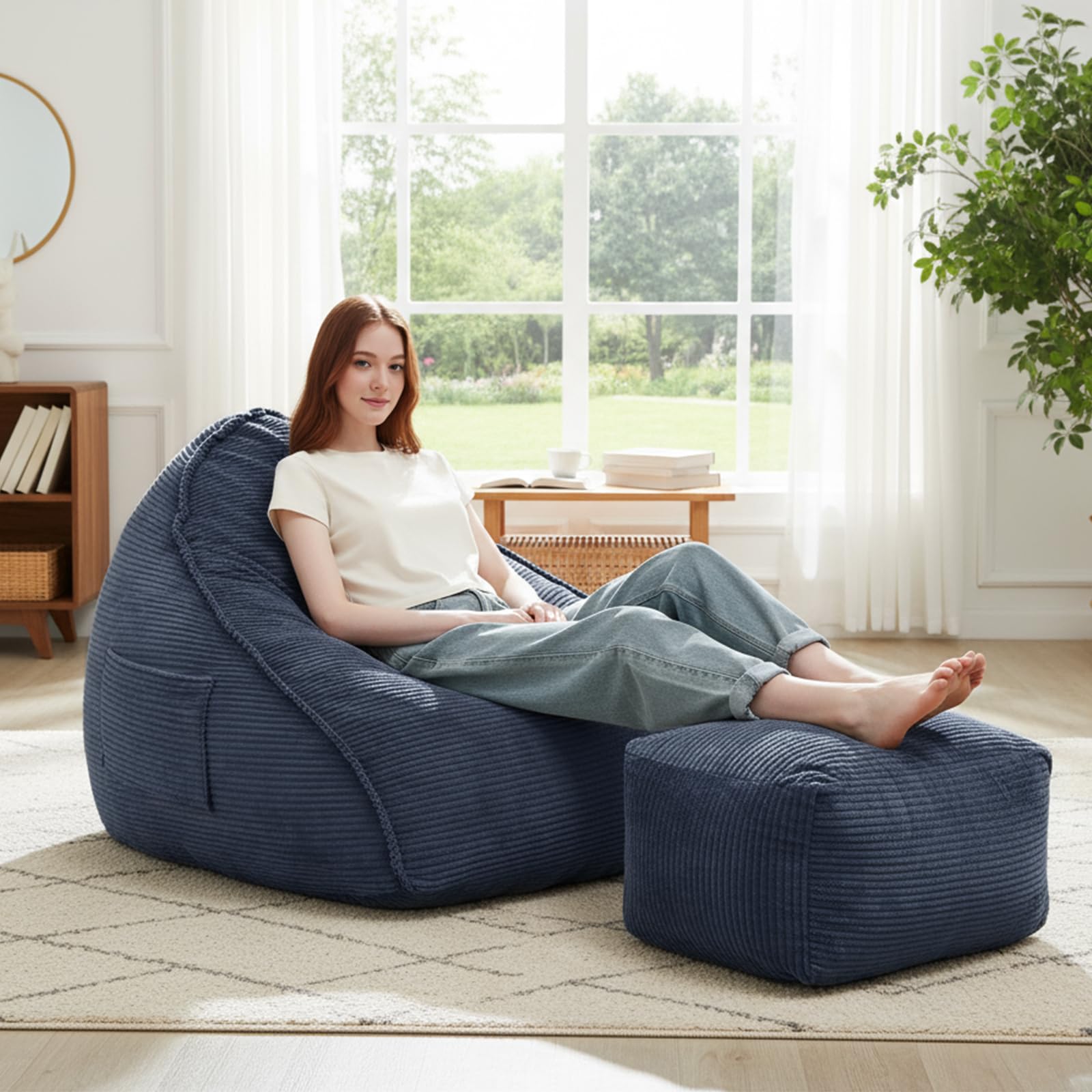 Bean Bag Chair with Ottoman for Adults, Large Corduroy Bean Bag Couch, Boneless Chaise Lounge Reading Chair with High-Resilience Foam, Floor Lounger