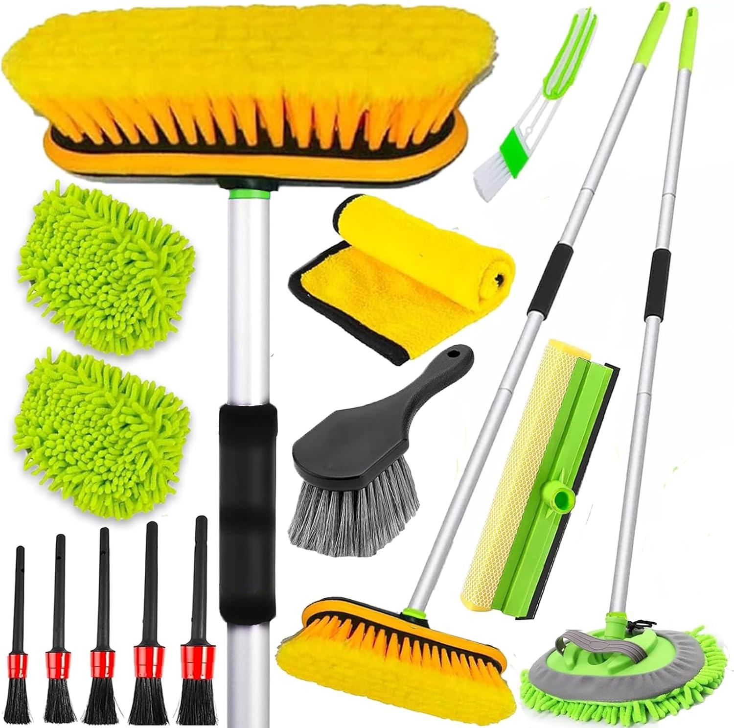 62'' Car Wash Brush with Long Handle, Car Wash Kit with Tire Brush, Tower, Window Squeegee, Chenille Microfiber,Car Detailing Brushes, Car Cleaning Brush Kit Supplies for Car, Truck, SUV, RV