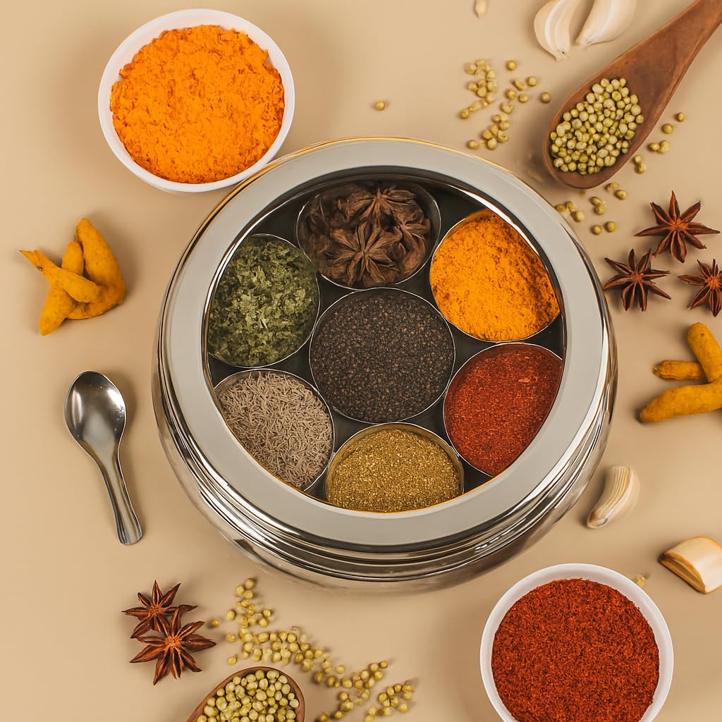 SmartMaison Stainless Steel Belly Shape Masala (Spice) Box/Dabba/Organiser With See Through Lid With 7 Containers And Small Spoon (Medium, D - 1Ccm H-7.5Cm)-image-6