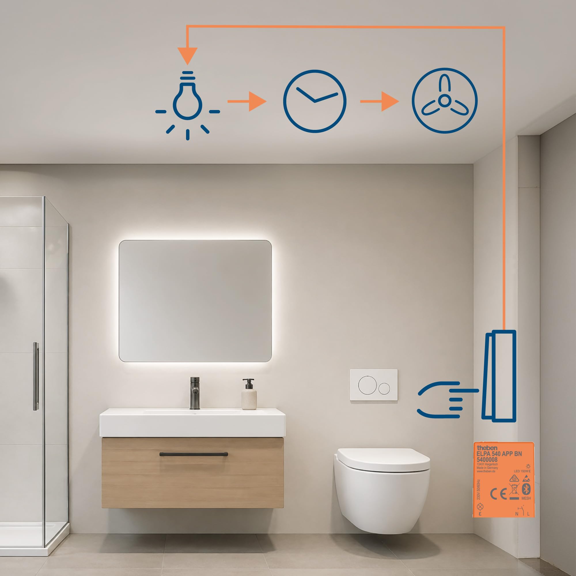 Theben 5400008 ELPA 540 APP BN Mini Temporizzatore luci scale a incasso | multifunzione , 32,7 × 26,6 × 9,6 mm, silenzioso, Bluetooth Mesh, app, 100 m di cavo, 0,5-60 min., preavviso di spegnimento