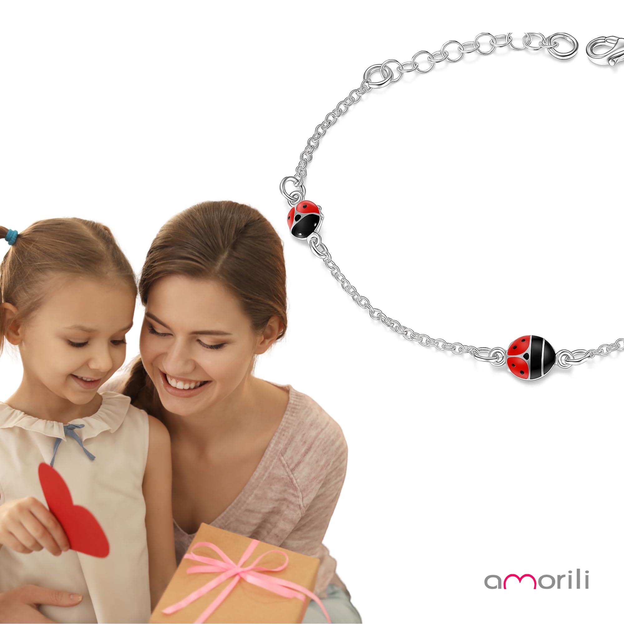 Bracciale Coccinella in Argento 925 per Bambina – Braccialetto Regolabile Portafortuna – Gioiello Ragazza – Idea Regalo Bambine – Confezione Regalo Inclusa