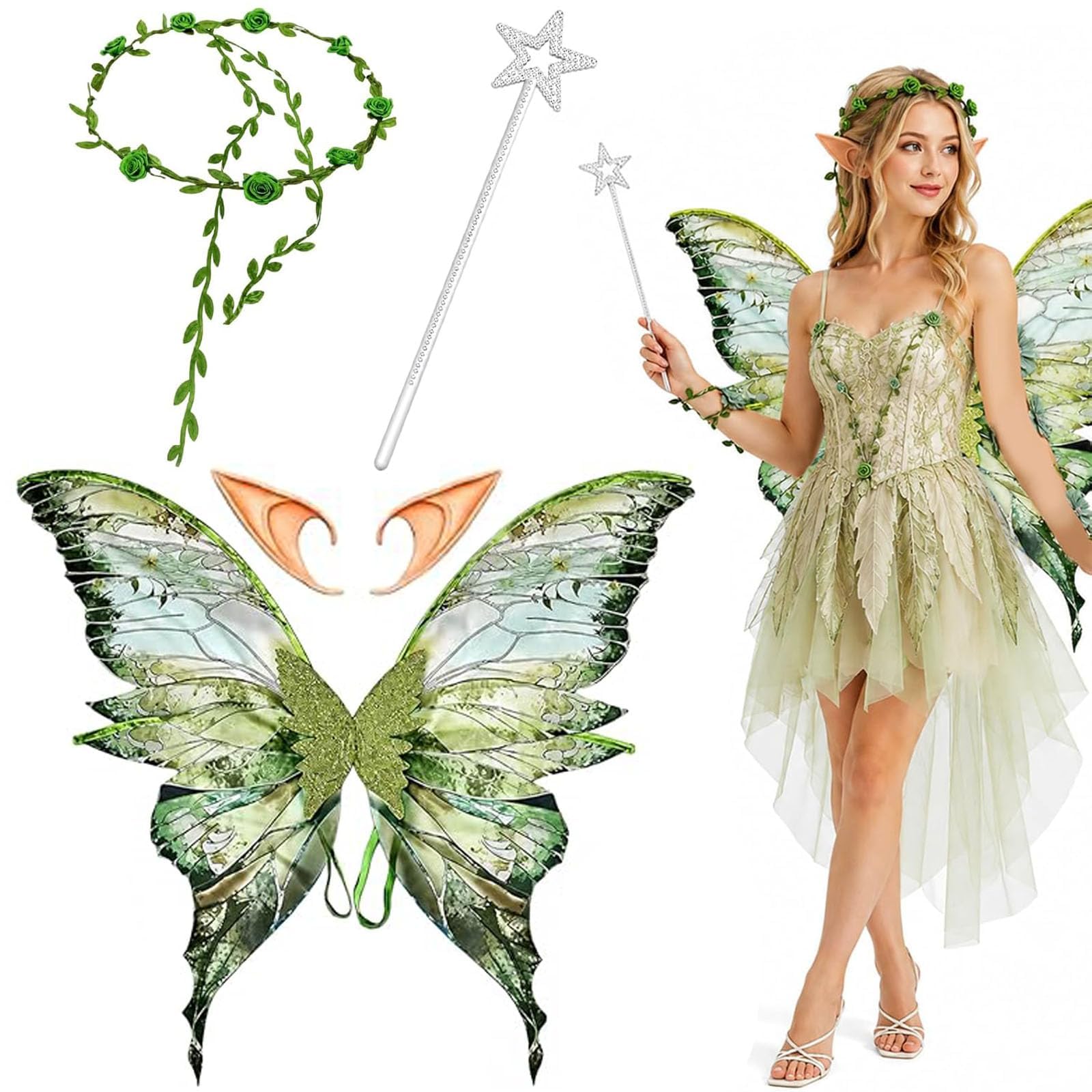 Hsuxugy 5-Piece Green Fairy Wings Costume Set, Includes Floral Wreath, Elf Ear Accessory, Silver Wand and Bracelet, Delicate Angel Fancy Dress Up Accessories for Themed Events Halloween Cosplay