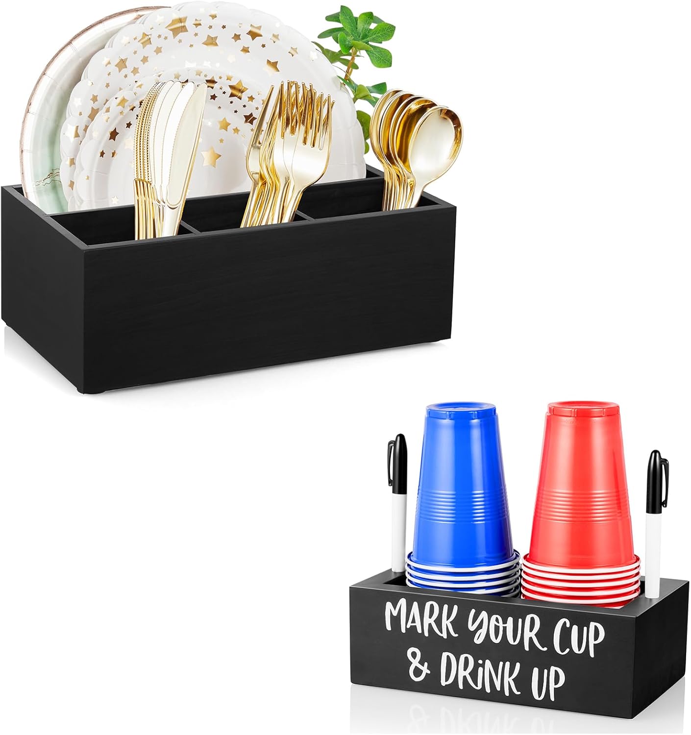 DRASTAR Paper Plate Dispenser, Wooden Utensil Caddy Organizer & Cup Holder with Marker Slot, Mark Your Cup and Drink Up Caddy